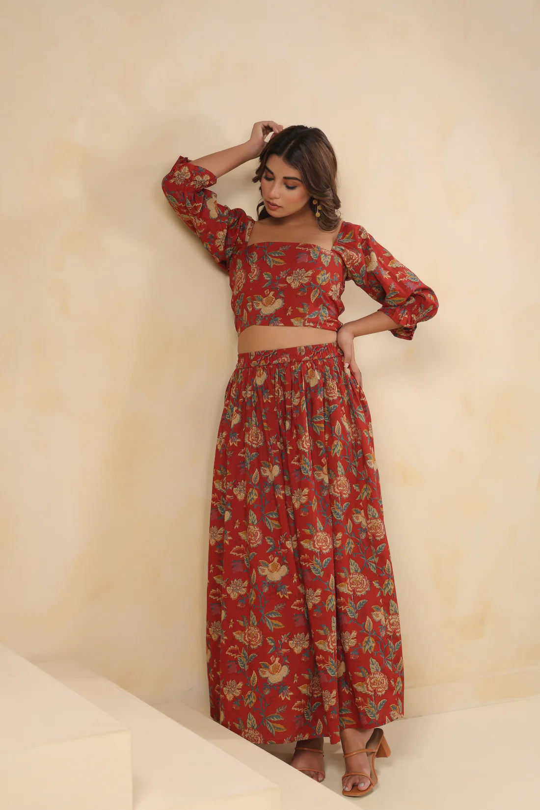 Floral Cotton Crop Top & Skirt Co-ord Set – Red | Elegant Ethnic Summer Wear