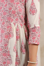 Ivory Pure Cotton Pink Buta Printed Peplum Top