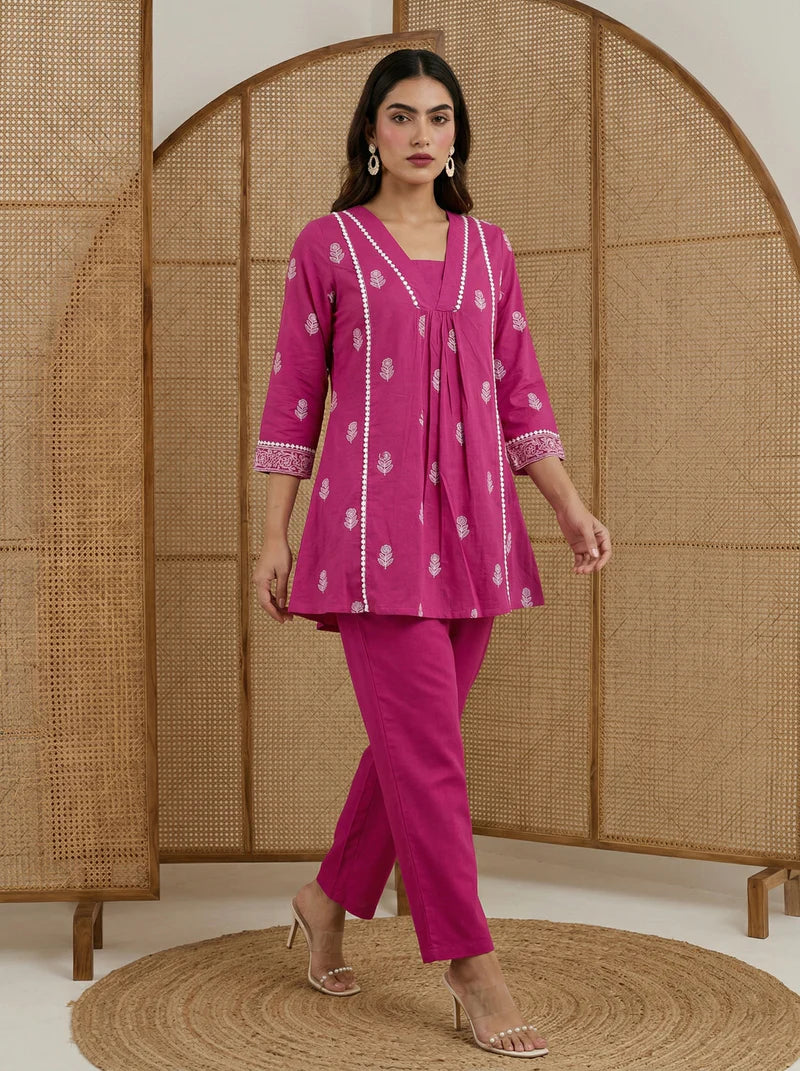 Pure Cotton Embroidered Co-Ord Set - Pink