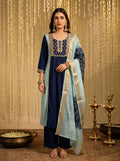 Sky blue and navy blue chinon-embroidered Anarkali kurta set