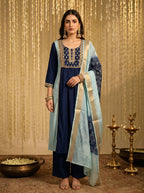 Sky blue and navy blue chinon-embroidered Anarkali kurta set