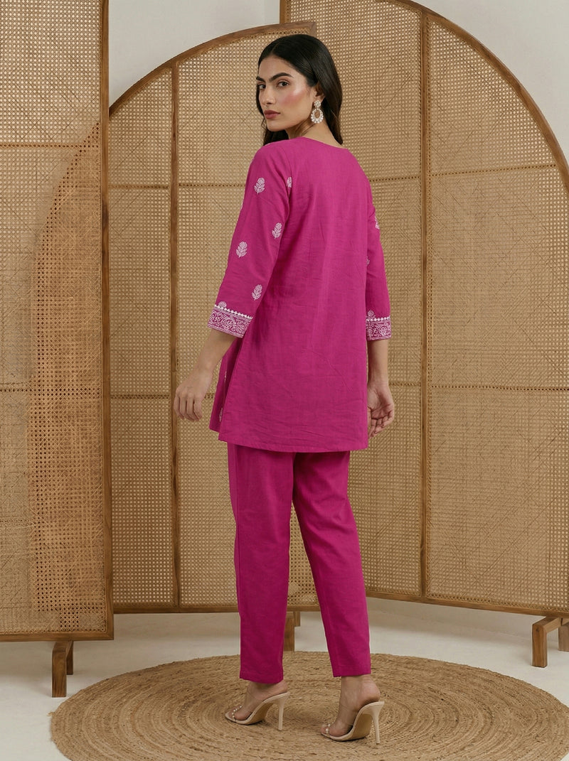 Pure Cotton Embroidered Co-Ord Set - Pink