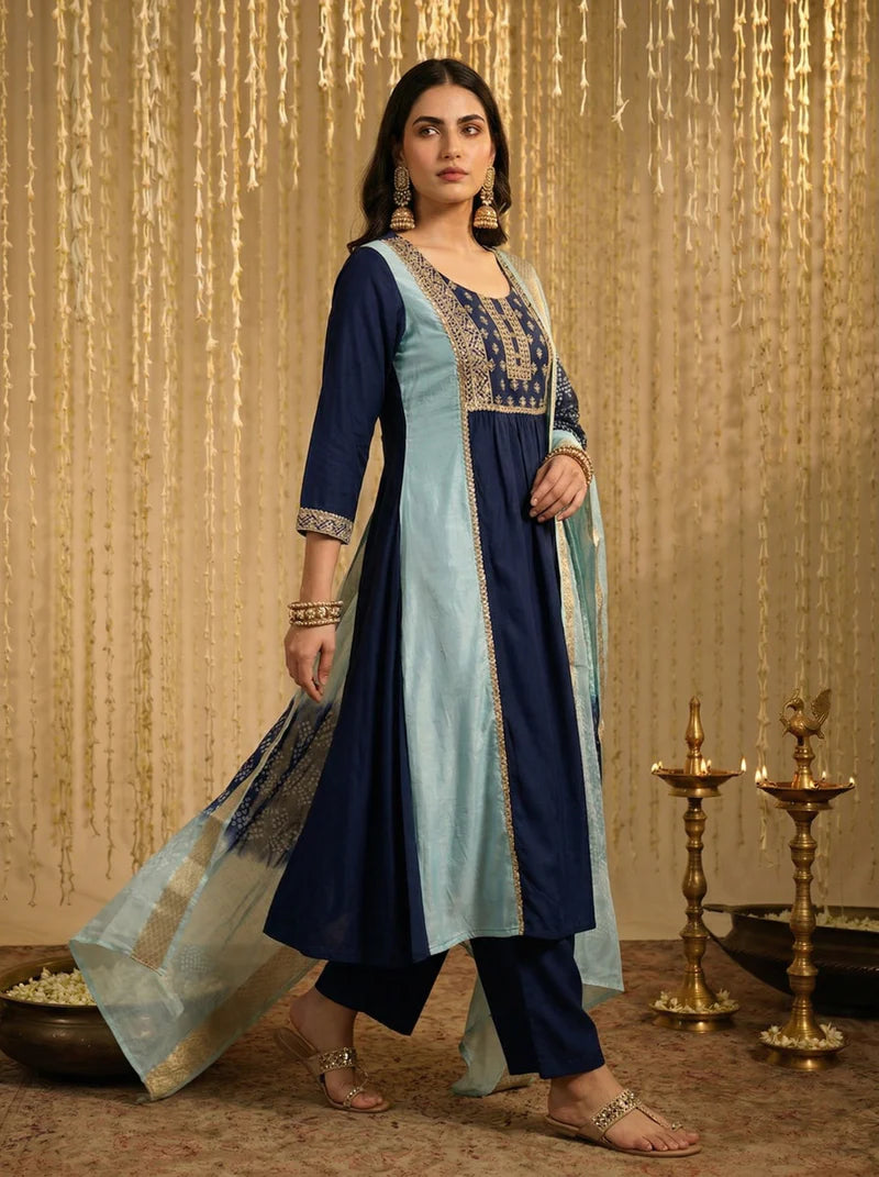 Sky blue and navy blue chinon-embroidered Anarkali kurta set