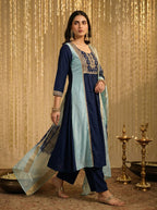 Sky blue and navy blue chinon-embroidered Anarkali kurta set
