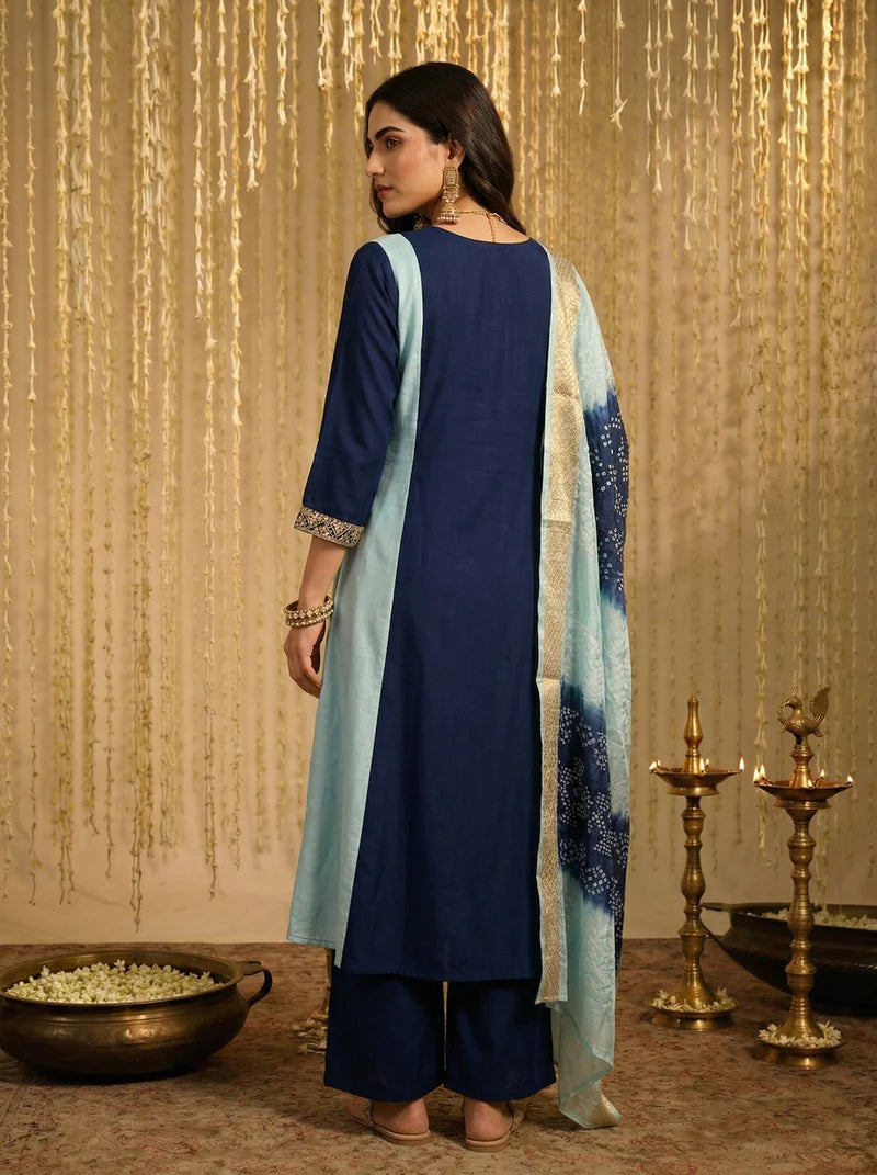 Sky blue and navy blue chinon-embroidered Anarkali kurta set