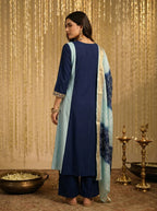 Sky blue and navy blue chinon-embroidered Anarkali kurta set