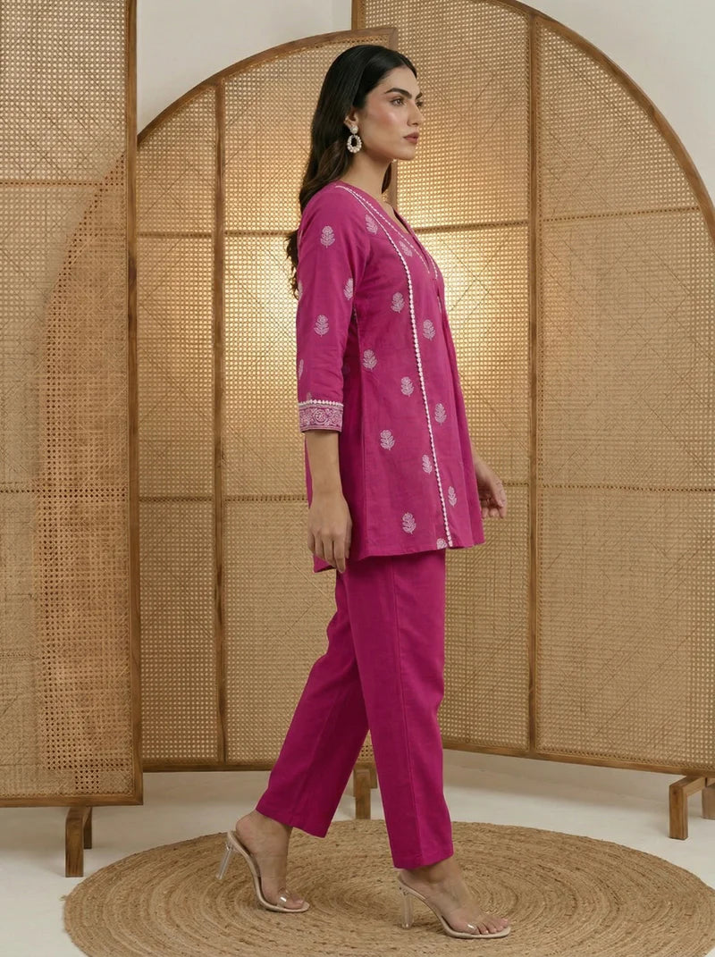 Pure Cotton Embroidered Co-Ord Set - Pink