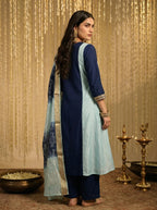 Sky blue and navy blue chinon-embroidered Anarkali kurta set