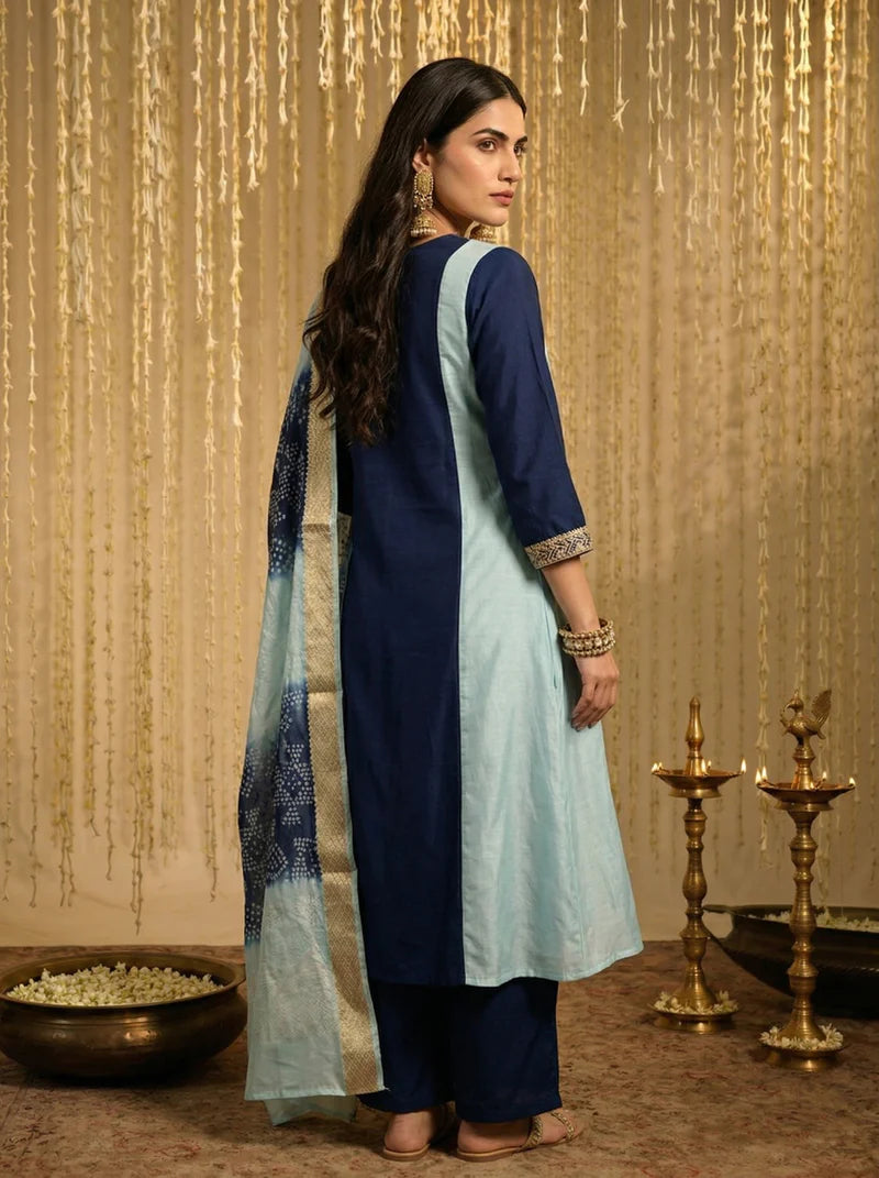 Sky blue and navy blue chinon-embroidered Anarkali kurta set