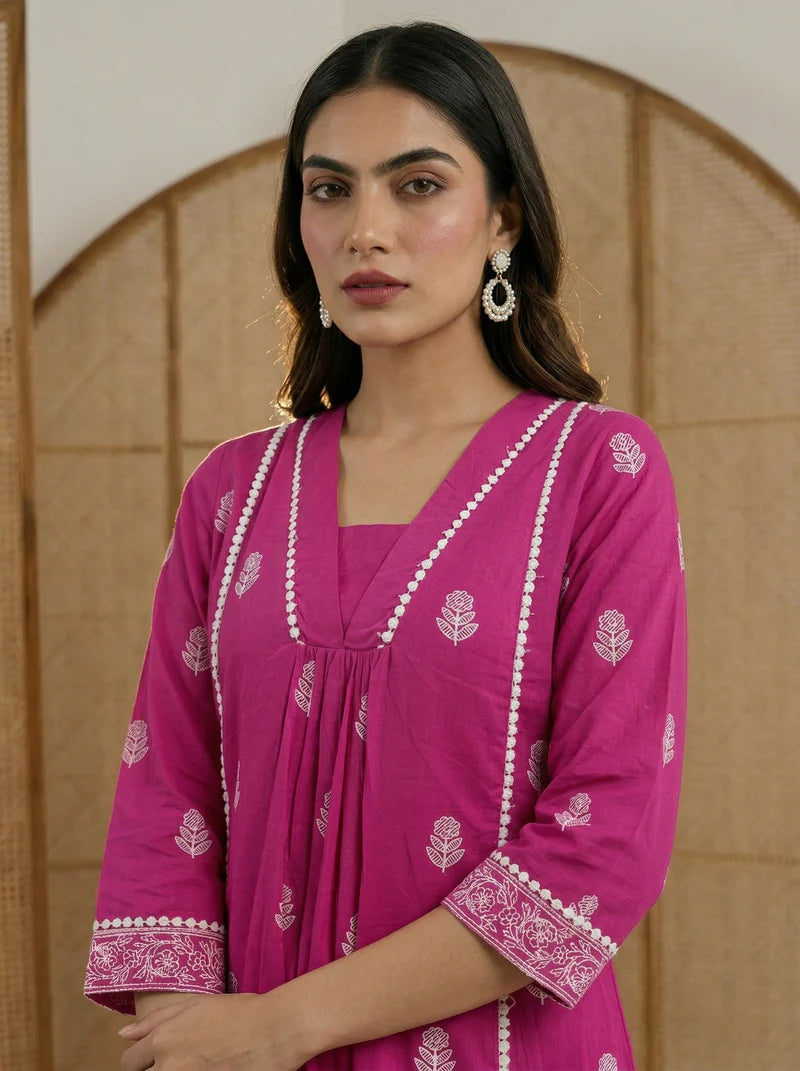 Pure Cotton Embroidered Co-Ord Set - Pink