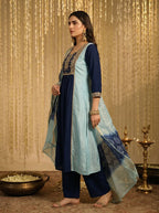 Sky blue and navy blue chinon-embroidered Anarkali kurta set
