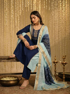 Sky blue and navy blue chinon-embroidered Anarkali kurta set