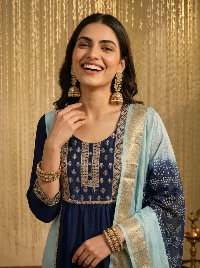 Sky blue and navy blue chinon-embroidered Anarkali kurta set