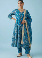 Teal Blue Mughal Floral Block Print Pure Cotton Kurta, Pants & Dupatta 3-Piece Set with Gold Foil Detail & Lace Border