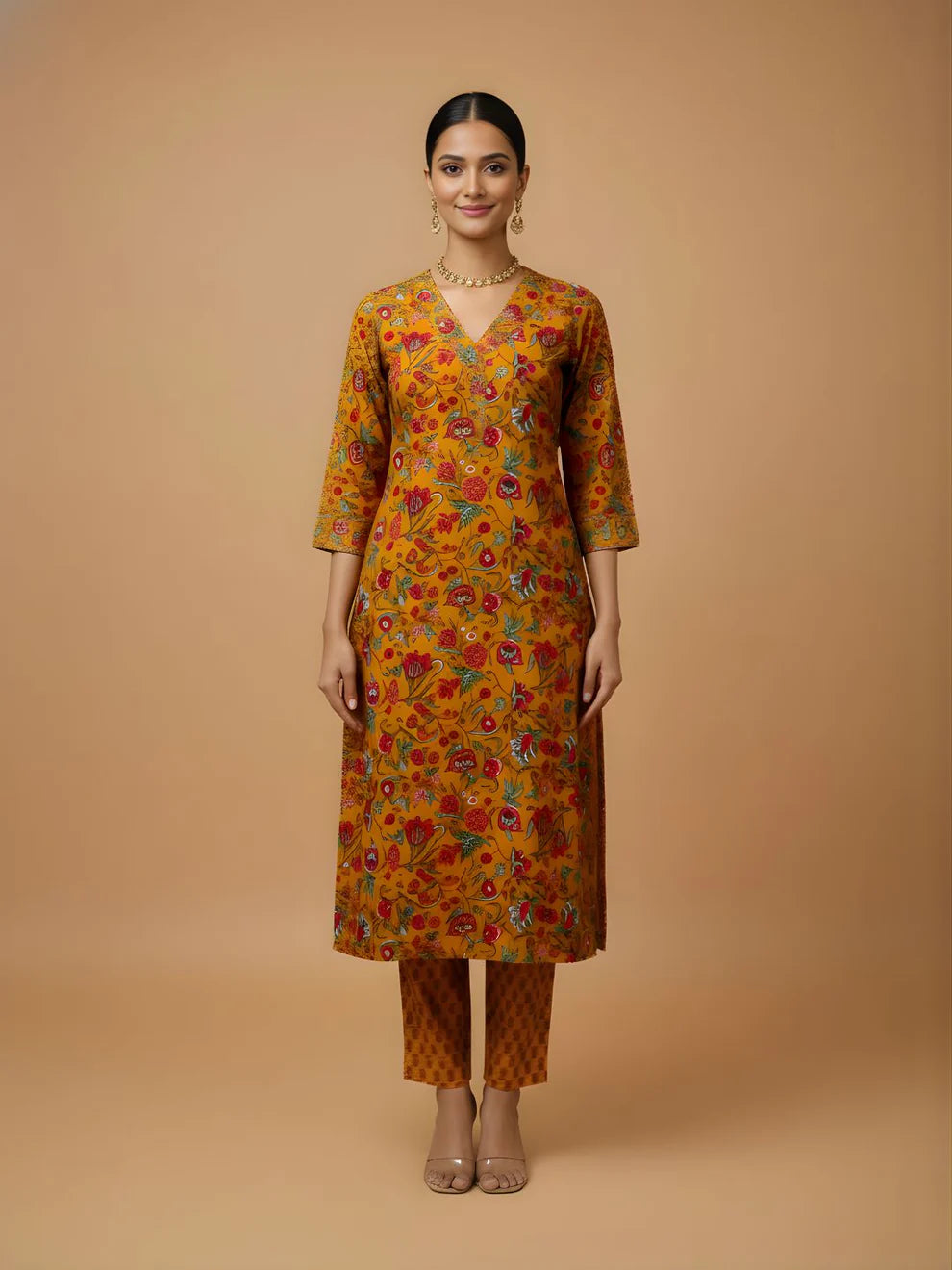 Mustard Bloom Pure Cotton Printed Kurta & Pant Set | Ethnic Floral Co-ord