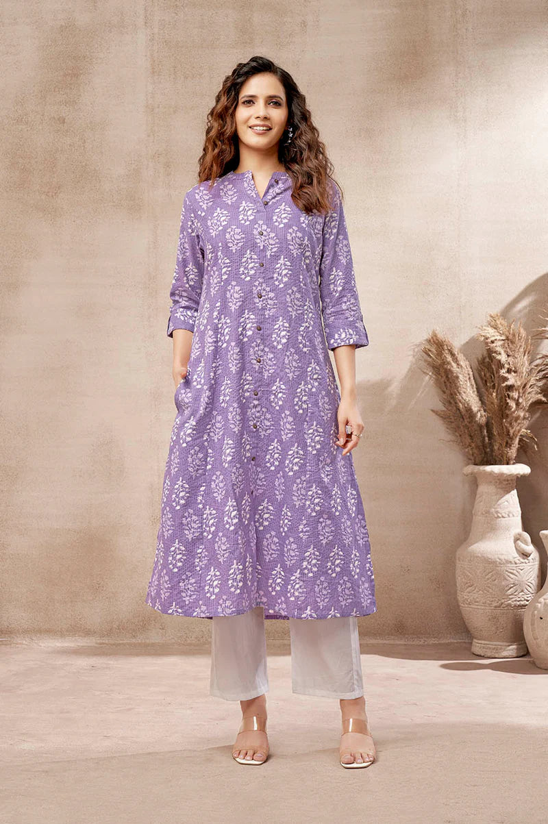 Olive Green Kantha Print Cotton A-line Kurta
