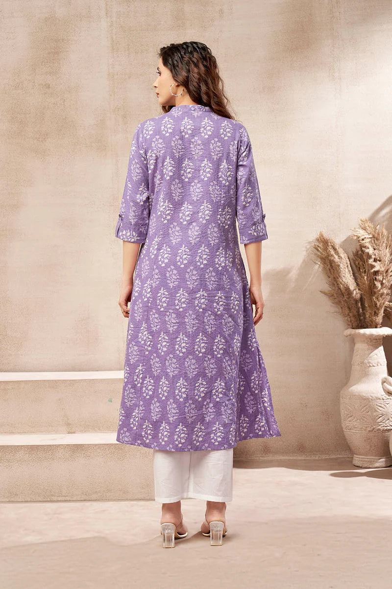 Olive Green Kantha Print Cotton A-line Kurta