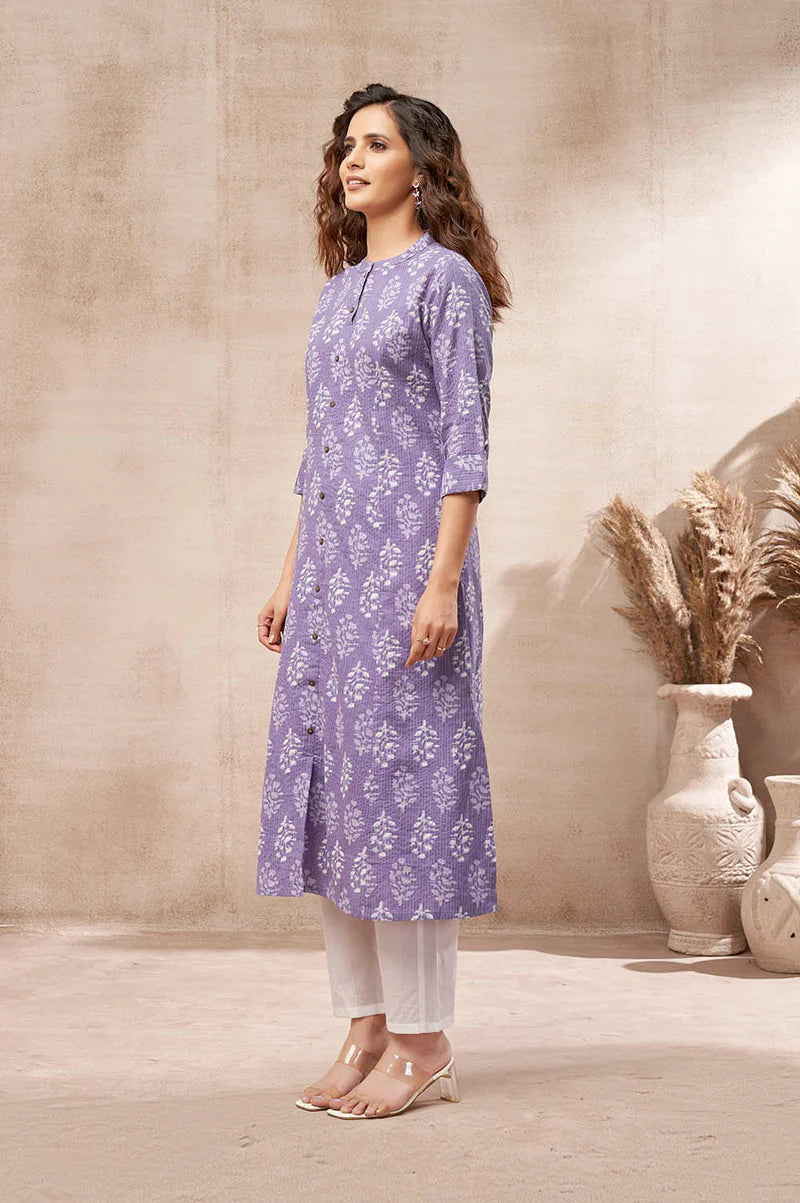 Olive Green Kantha Print Cotton A-line Kurta