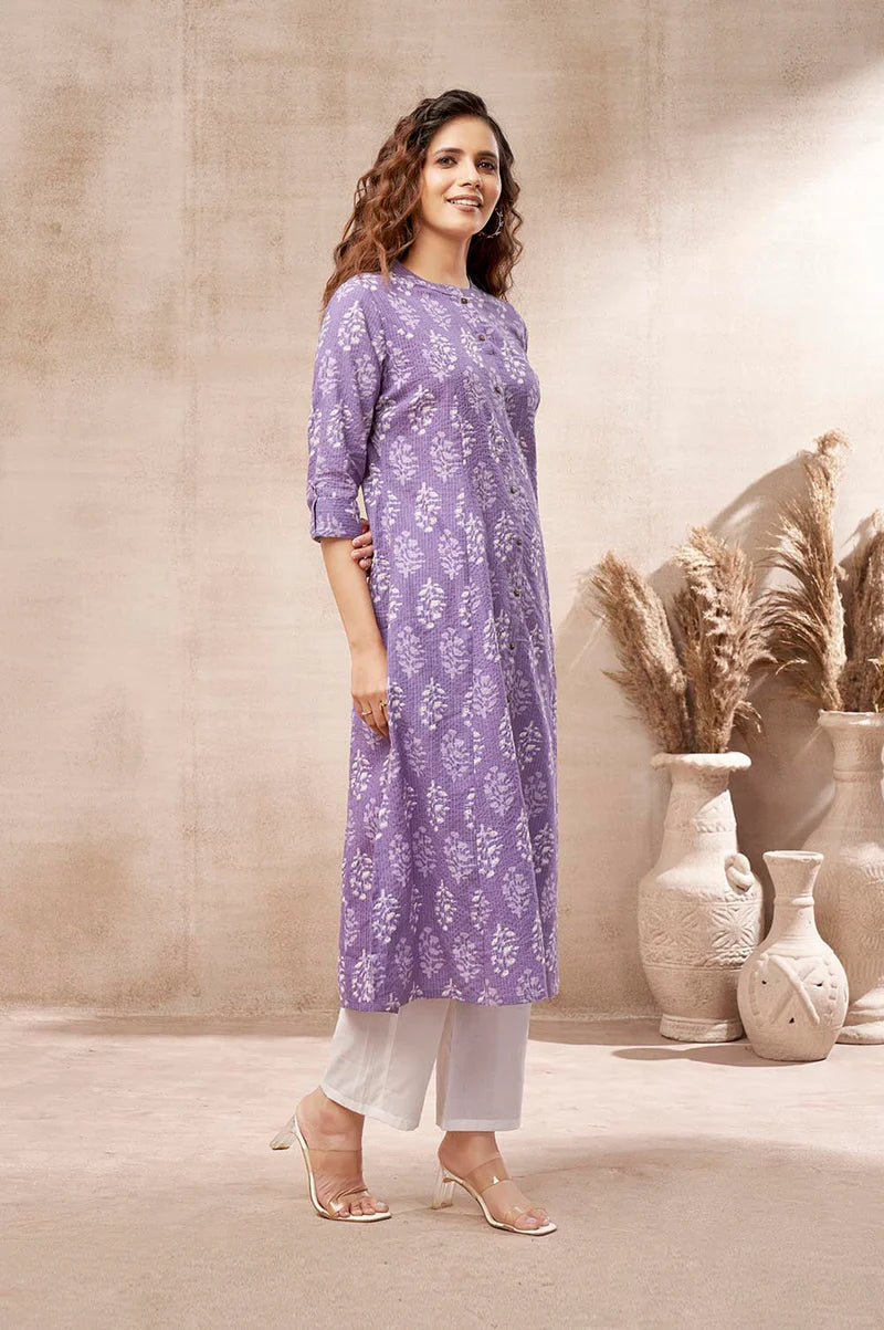 Olive Green Kantha Print Cotton A-line Kurta