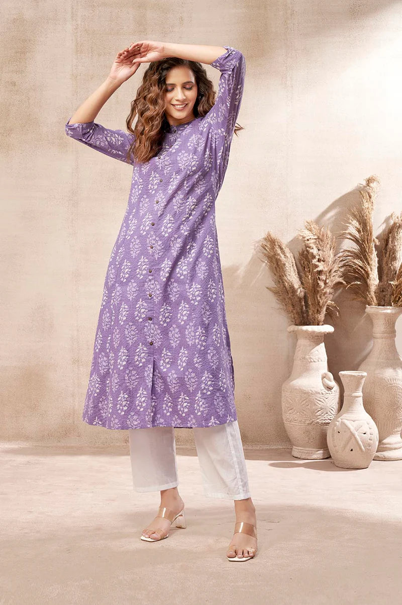 Olive Green Kantha Print Cotton A-line Kurta
