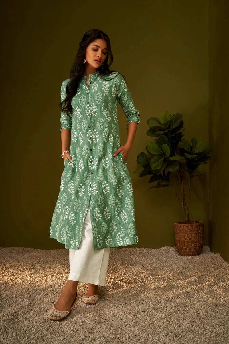 Olive Green Kantha Print Cotton A-line Kurta