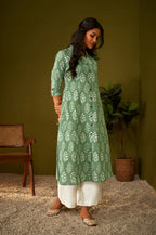 Olive Green Kantha Print Cotton A-line Kurta