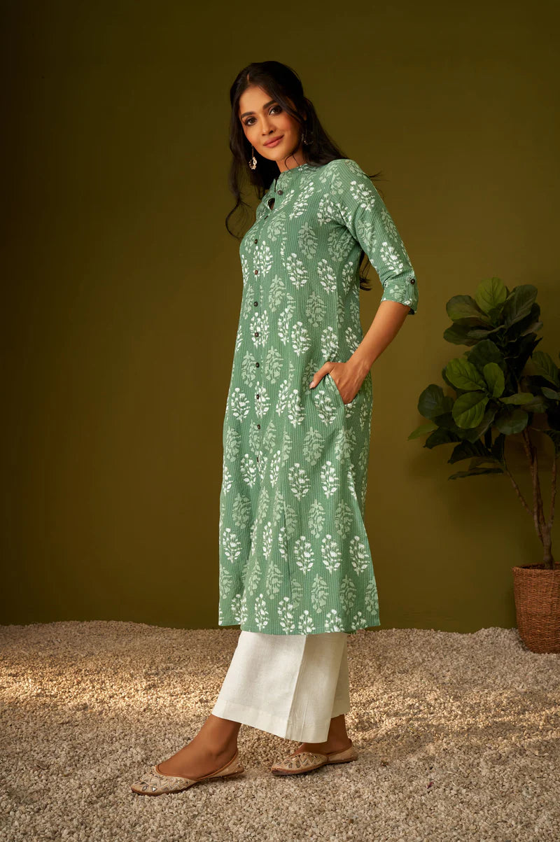 Olive Green Kantha Print Cotton A-line Kurta