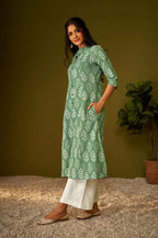 Olive Green Kantha Print Cotton A-line Kurta