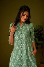 Olive Green Kantha Print Cotton A-line Kurta