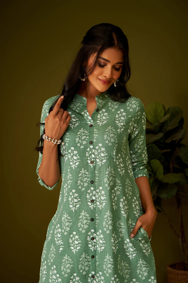 Olive Green Kantha Print Cotton A-line Kurta