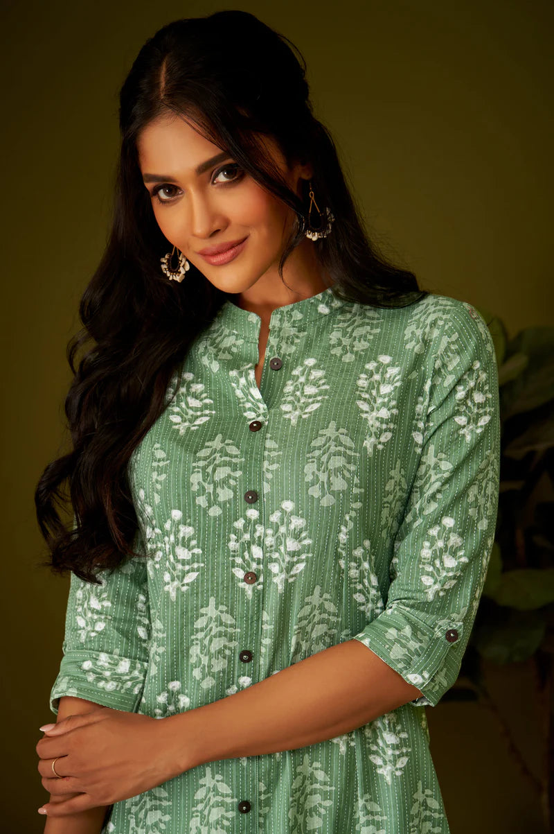 Olive Green Kantha Print Cotton A-line Kurta