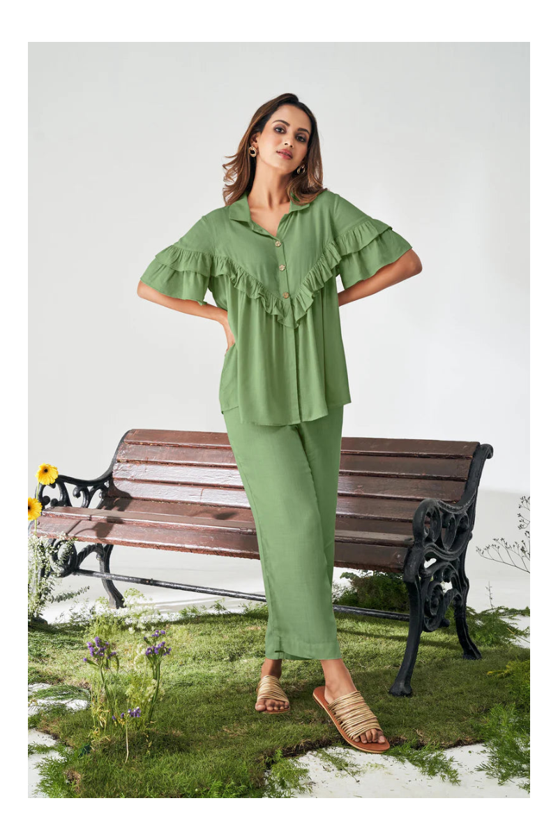 Olive Green Ruffle Top and Pants Co-ord Set