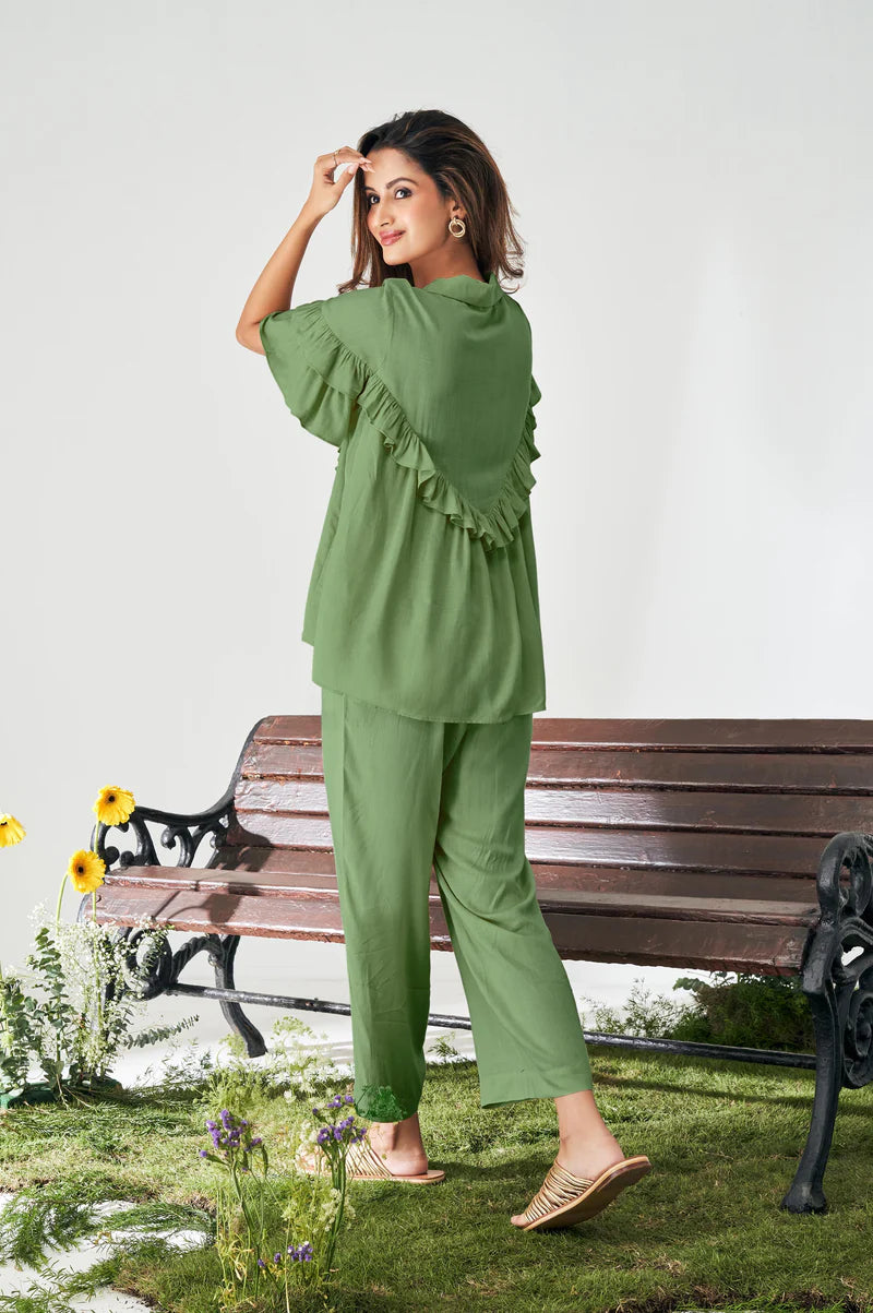 Olive Green Ruffle Top and Pants Co-ord Set