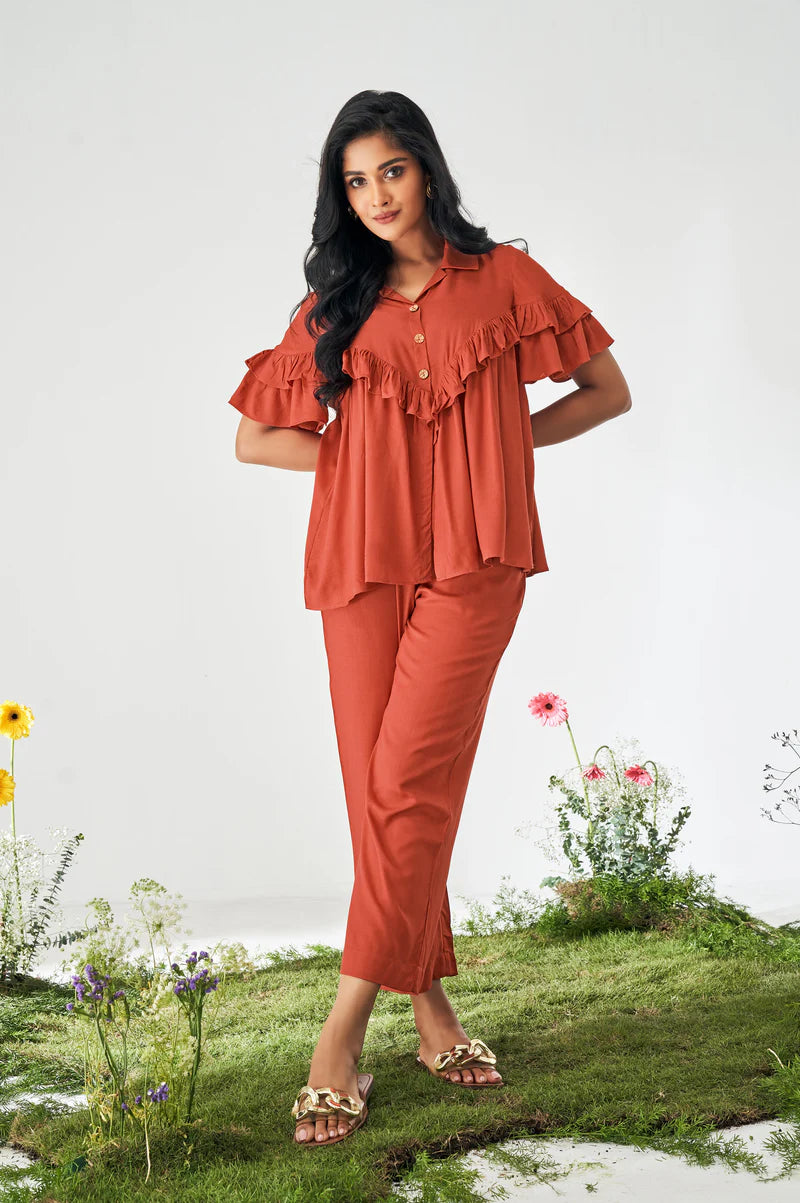 Olive Green Ruffle Top and Pants Co-ord Set