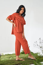 Olive Green Ruffle Top and Pants Co-ord Set