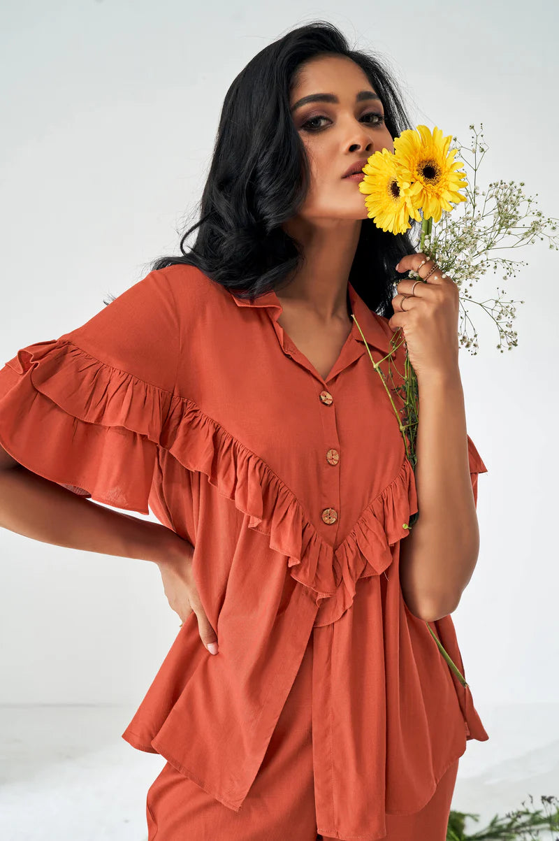 Olive Green Ruffle Top and Pants Co-ord Set