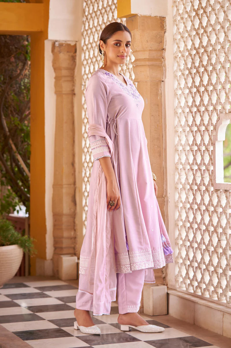 Purple Ethnic Motifs Embroidered Mirror Work Anarkali Kurti with Pyjamas & Dupat
