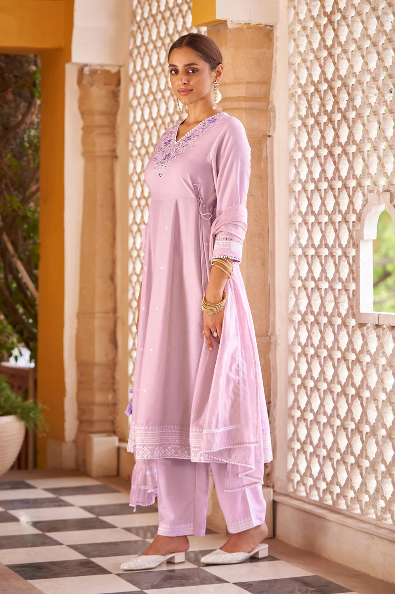 Purple Ethnic Motifs Embroidered Mirror Work Anarkali Kurti with Pyjamas & Dupat