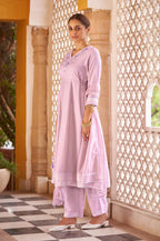 Purple Ethnic Motifs Embroidered Mirror Work Anarkali Kurti with Pyjamas & Dupat