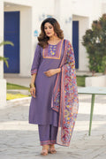 Lavender Chinon Printed Kurta Set with Dupatta