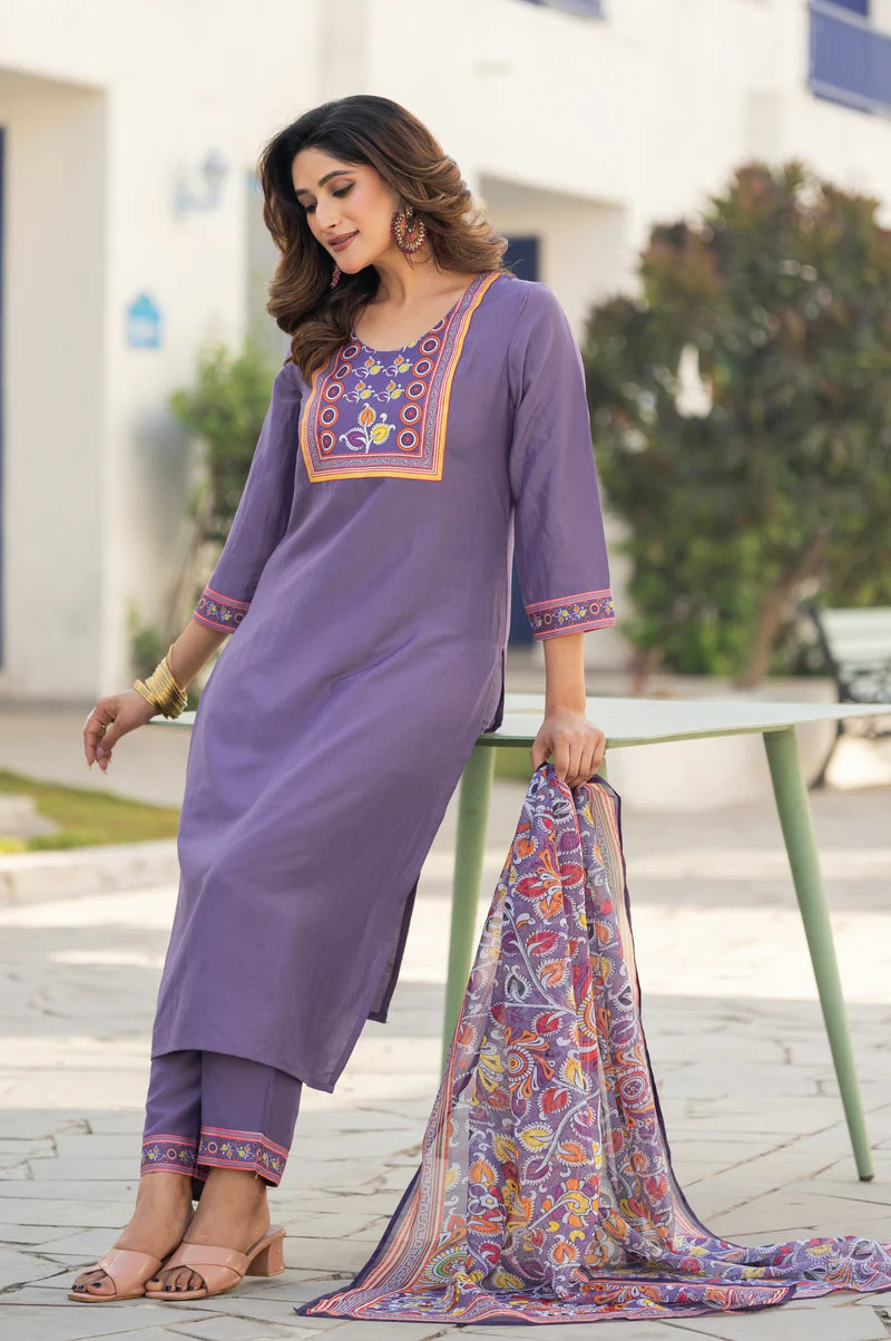 Lavender Chinon Printed Kurta Set with Dupatta