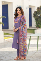 Lavender Chinon Printed Kurta Set with Dupatta