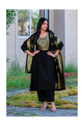 Black Cotton Blend Jacquard Kurta Set with Dupatta For Women