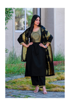 Black Cotton Blend Jacquard Kurta Set with Dupatta For Women