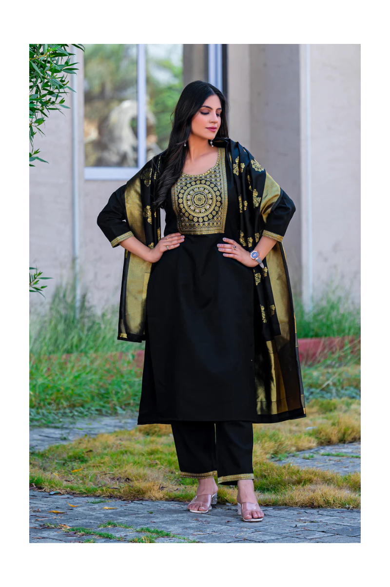 Black Cotton Blend Jacquard Kurta Set with Dupatta For Women