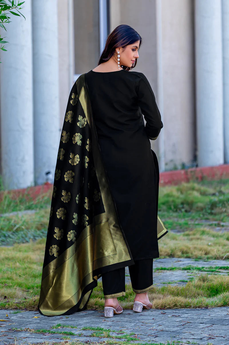 Black Cotton Blend Jacquard Kurta Set with Dupatta For Women
