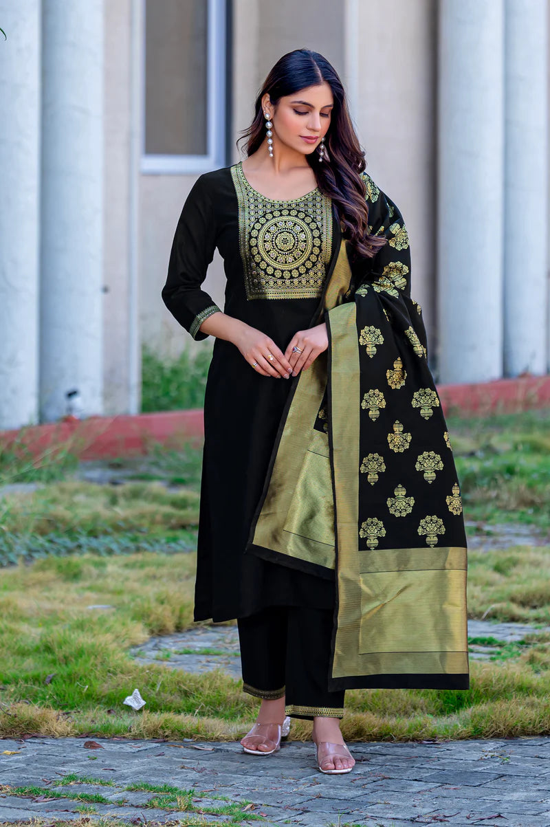 Black Cotton Blend Jacquard Kurta Set with Dupatta For Women