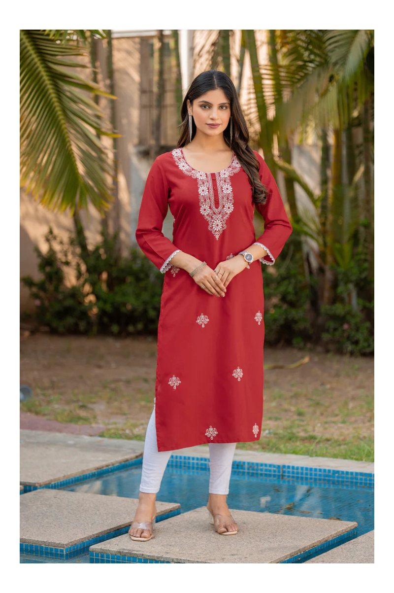 Red Cotton Blend Chikankari Embroidered Kurta
