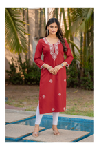 Red Cotton Blend Chikankari Embroidered Kurta