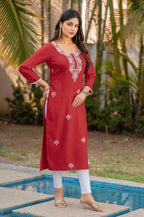 Red Cotton Blend Chikankari Embroidered Kurta